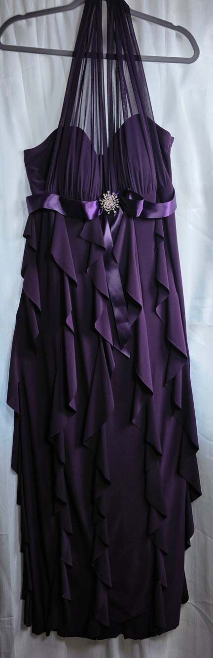 Vintage Betsy & Adam Purple Halter Ruffle Maxi Gown Brooch Accent Size 16